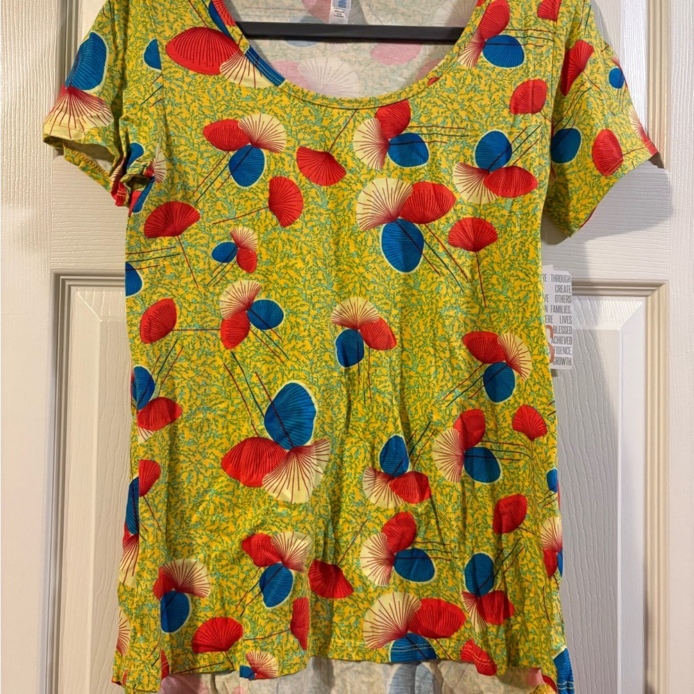 LuLaRoe Bright Yellow Top with Red and Blue Floral Design